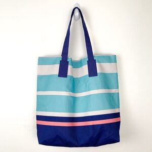 Estee Lauder canvas tote beach bag teal white blue pink stripe open top pool bag